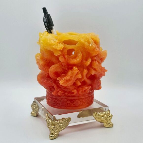 Dragon Decor Pencil Holder Vtg Chinese Stone Carving Desk Gift Year of Dragon - Picture 6 of 12